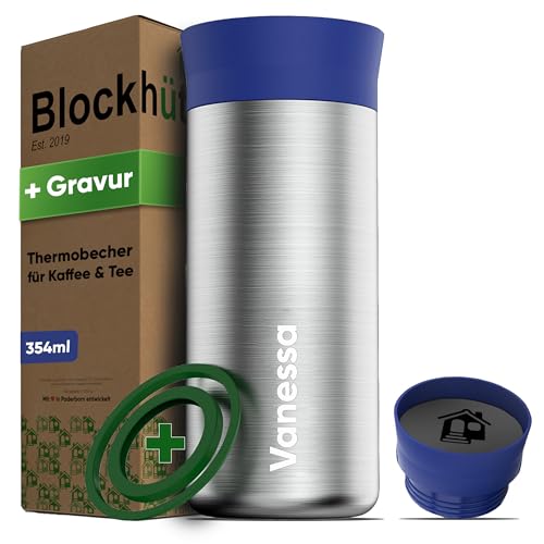 Blockhütte Thermobecher mit Gravur Edelstahl 354 ml, Kaffeebecher mit Gravur 8h heiße Getränke, Kaffee Thermobecher auslaufsicher, Kaffeebecher to go personalisiert spülmaschinenfest von Blockhütte