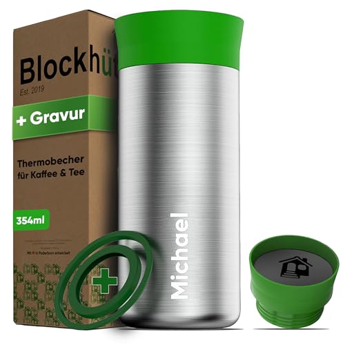 Blockhütte Thermobecher Personalisiert Edelstahl 354 ml, Kaffeebecher mit Gravur 8h heiße Getränke, Thermosbecher auslaufsicher, Kaffeebecher to go personalisiert spülmaschinenfest von Blockhütte