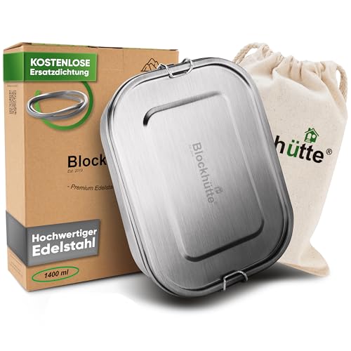 Blockhütte Premium Edelstahl Brotdose I 1400ml I Inkl Austauschdichtung und 2x Trennwand I Die verbesserte Lunchbox ist auslaufsicher und kinderleicht zu Reinigen I Für Kinder und Erwachsene von Blockhütte