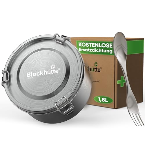 Blockhütte Premium Jausenbox Edelstahl Rund I 1800ml I mit Göffel 2x Dichtung Set I Auslaufsichere Edelstahl Brotdose Erwachsene I Vorratsdosen Edelstahl gefrierfest I Brotzeitbox Edelstahl von Blockhütte