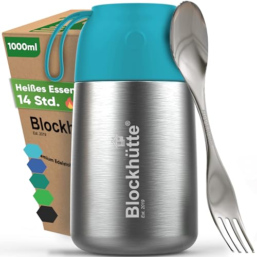 Blockhütte Edelstahl Thermobehälter I 1L l Essen warmhalten Behälter, auslaufsicher I Thermos Essensbehälter mit Göffel für Kinder und Erwachsene - Wärmebehälter für Speisen - Türkis von Blockhütte
