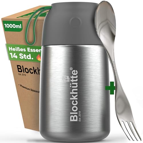 Blockhütte Edelstahl Thermobehälter für Essen I 1L I mit Spork, Bürste, Thermo Lunchbox für Kinder, Erwachsene, Suppen, Warmhaltebox, To-Go Suppenbehälter, Thermobox für Mittagessen von Blockhütte