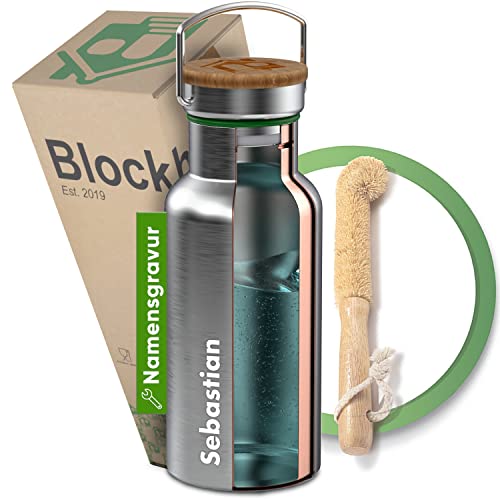 Blockhütte Personalisierte Edelstahl Trinkflasche 1L - Auslaufsichere Wasserflasche für Kinder, Erwachsene, BPA-frei, Kohlensäure geeignet, Thermoflasche Schule, Outdoor, Gravur mit Namen von Blockhütte