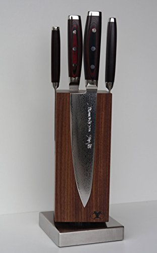 Blockwerk Magnet Messerblock "Monolith" Nussbaum + 4 Super Gou 161 Damastmesser + Messerschärfer MINOSHARP PLUS 3 von Blockwerk - Yaxell-Minosharp