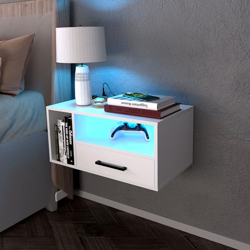 Bloddream Nachttisch mit Ladestation und LED-Lichtstreifen, 54,1 cm großer Tisch mit Schubladen, schwebender Nachttisch mit USB-Anschlüssen und Steckdosen, Schlafzimmermöbel, Weiß Bloddream Nachttisch mit Ladestation und LED-Lichtstreifen, 54,1 cm großer Tisch mit Schubladen, schwebender Nachttisch mit USB-Anschlüssen und Steckdosen, Schlafzimmermöbel, Weiß von Bloddream