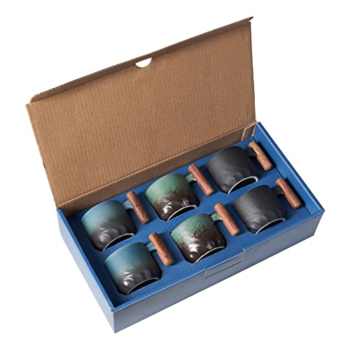 BlogBlog Keramik-Espressotassen mit Holzgriff, Espressotassen, Keramik-Teetassen, Porzellan-Demitasse-Tassen für Kaffee oder Tee, 85 ml (gemischt, 6 Stück mit Geschenkbox-C) von BlogBlog