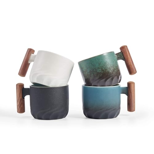 BlogBlog Espressotassen aus Keramik mit Holzgriff, Espresso-Schnapsbecher, Keramik, Teetassen, Porzellan, Demitasse, Tassen für Kaffee oder Tee, 85 ml (gemischt, 4) von BlogBlog