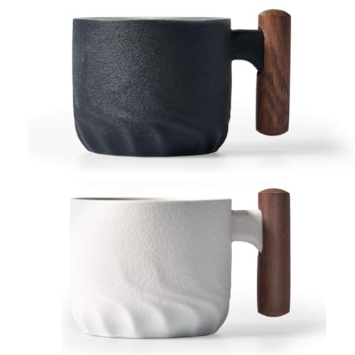 BlogBlog Kleine Keramik-Teetassen, japanische Teetasse, kleine Keramik-Kaffeetasse mit Holzgriff für Matcha-Tee, grünen Tee, Espresso, Latte, 67 ml (Schwarz und Weiß) von BlogBlog