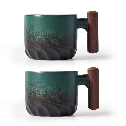 BlogBlog Espressotassen aus Keramik mit Holzgriff, Espresso-Schnapsbecher, Keramik, Teetassen, Porzellan, Demitasse, Tassen für Kaffee oder Tee, 85 ml (Grün, 2) von BlogBlog