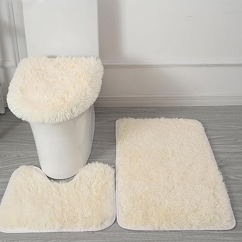 Badezimmermatten Sets 3-teilige zottelige Badezimmermatten, absorbierende Badmatten für Badezimmer, Flauschige Badezimmermatte Set mit U-förmigen Toilettenteppich für Badezimmerdekor Beige von Blogiiup