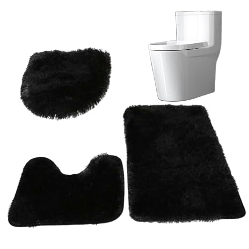 Blogiiup Badezimmerteppich-Set Nicht-Schlupf 3-teiliges Badezimmerteppich Set Absorption Badematte mit Rechteck, U-Form und O-Form traditionelle Badenteppiche Weiche Toilettenmatte für, schwarz von Blogiiup