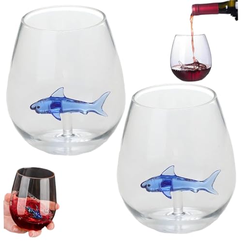 Blogiiup Einzigartige Weingläser, 2pcs Hai -Weinglas, 500 ml Haifischgläser mit Innenseite, hoher Borosilikatglasbecher einzigartig für Hochzeits Geburtstag Geschenke von Blogiiup