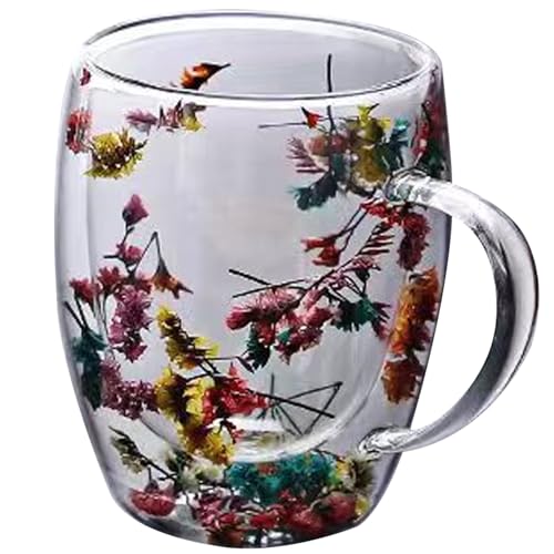 Blogiiup Glas Kaffeetassen, doppelte Glasbecher 350 ml Glas Kaffeetassen klare getrocknete Blumen Kaffeetassen mit Anti-Scald-Griffglasbechern für heiße Getränke, Tee, Milchstil22 von Blogiiup