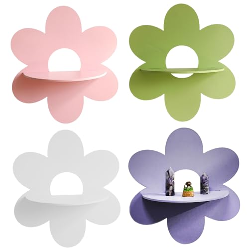 Blogiiup Kleines schwimmendes Regal, 4pcs schwimmende Regale Gänseblümchen geformte süße Regale für Wandholz 11.8x10.6 Regal für Badezimmer Wohnzimmer Schlafzimmer, Daisy Wanddekoration von Blogiiup