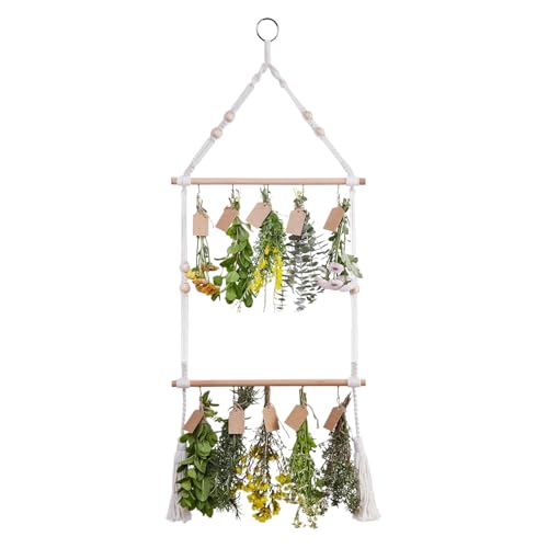 Kräuter trockenes Rack 2tier Wood und Baumwolle, sichere handgewebte Kräuter-Trocknungsregal hängen verstellbare böhmische Blume mit abnehmbaren Haken für Trockner, Blume von Blogiiup