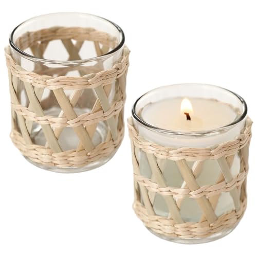 Teelicht Kerzenhalter, 2pcs gewebte Rattan -Kerzenhalter, Strohglas dekorativ Teelicht Kerzenhalter, 2pcs gewebte Rattan -Kerzenhalter, Strohglas dekorativ von Blogiiup