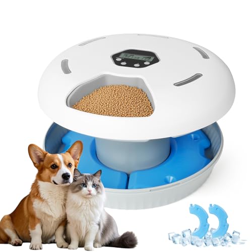 Futterautomat Katze Nassfutter Katzenfutter Automat mit Kühlung, Nassfutterautomat für Katzen Kabellos, 6 Mahlzeiten Katze Hund, 2 Kühlakkus, Automatischer Futterspender Hund mit Akku Timer von Blomise