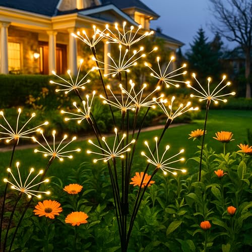 Solarleuchten Für Außen 2er Set,8 Modi Led Solarlichter Pusteblume,Wetterfeste Garten Solarleuchten Für Außen Gartenbeleuchtung,Dekorative Solarlampen Feuerwerk Für Garten Balkon Terrasse-Warmweiß von Blomise