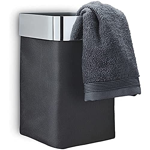 blomus -NEXIO- Gästehandtuchkorb aus poliertem Edelstahl und Baumwoll-Stofftasche, Anthrazit, Beutel entnehmbar, Aufbewahrung Handtücher, vielseitig (H / B / T: 25 x 15 x 16 cm, Anthrazit, 68976) von Blomus