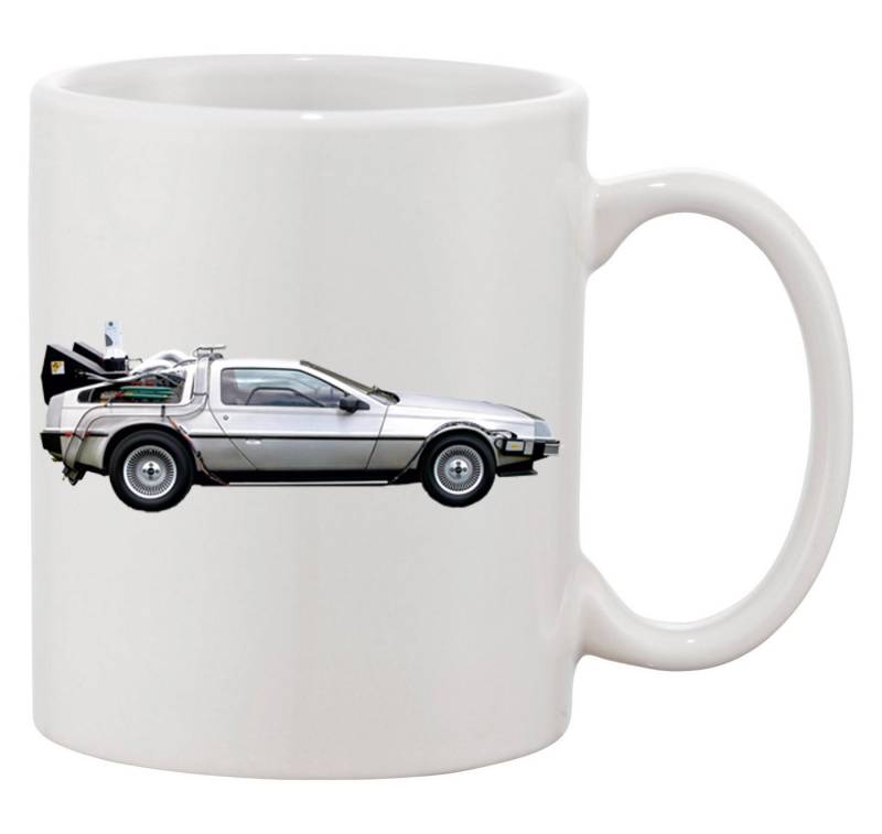 Blondie & Brownie Tasse Delorean Auto Zukunftsreise Zukunft Zeitmaschine in Schwarz und Weiß, Keramik, Spühlmaschinenfest von Blondie & Brownie
