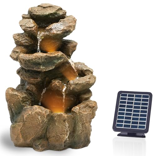 Bloomida Solarbrunnen für Draussen | Springbrunnen mit LED I Balkon/Gartenbrunnen Solar Wasserfall Außen I Outdoor Kaskaden Brunnen Wasserbrunnen Garten (Yosemite Fall - Braun Orange) von Bloomida