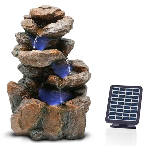 Bloomida Solarbrunnen für Draussen | Springbrunnen mit LED I Balkon/Gartenbrunnen Solar Wasserfall Außen I Outdoor Kaskaden Brunnen Wasserbrunnen Garten (Yosemite Fall - Braun) von Bloomida