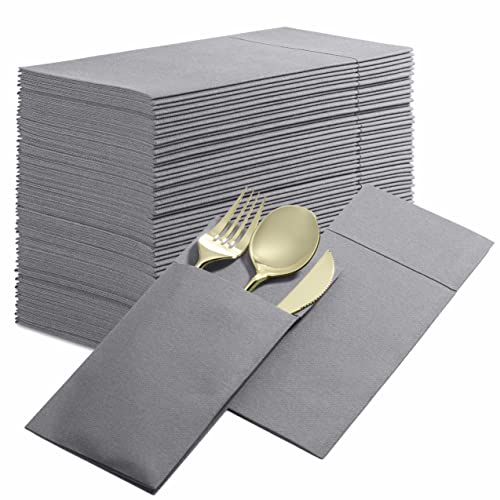 50er-Pack Einweg-Servietten im Leinen-Look mit integriertem Bestecktaschen, Grau, vorgefaltet, stoffähnliche Papier-Servietten für Abendessen, Hochzeiten oder Partys [Besteck nicht enthalten] von BloominGoods