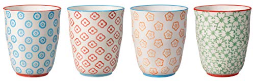 Bloomingville Becher ohne Henkel Emma Retro Teetasse Kaffeebecher Vintage Latte Macchiato Becher Set Ø 8,5 x H 10 cm, blau rot orange grün, Keramik, 4er Set, fasst ca. 300 ml von Bloomingville