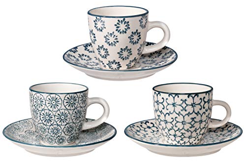 Bloomingville Espressotassen Kristina Retro Expresso Tassen mit Untertasse dickwandige C: Ø 6 x H 5,5 cm, S: Ø 11,5 cm, blau, Keramik, 3er Set, fasst ca. 80 ml von Bloomingville