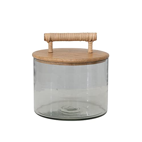Bloomingville Glasdose mit Holzdeckel und Rattan-Griff Aufbewahrung von Lebensmitteln, Natürlich und transparent, 8" L x 8" W x 9" H von Bloomingville