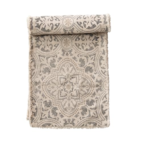 Bloomingville Grey and Cream Cotton Printed Table Runner with Frayed Edge Läufer, Baumwolle, grau von Bloomingville