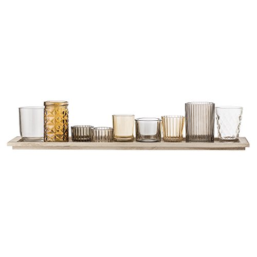 Bloomingville 10er Set Teelichthalter mit Tablett als Tisch-Deko für Haus und Garten Windlicht, braun, Glas Paulownia Holz von Bloomingville