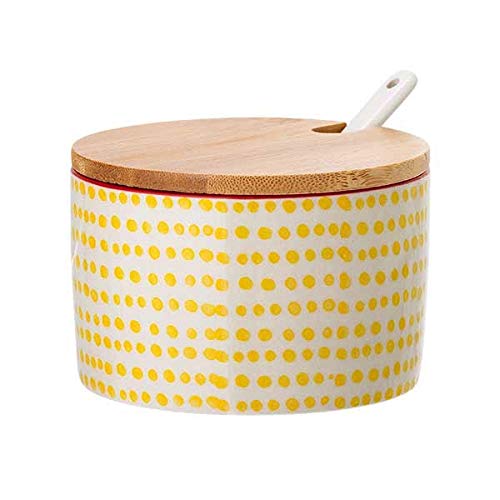 Bloomingville Salztopf mit Deckel und Löffel Susie Retro Zuckerdose Vintage Topf für Marmelade Ø 10 cm, gelb, Keramik, fasst ca. 250 ml von Bloomingville