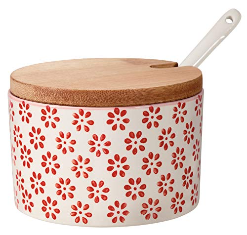 Bloomingville Salztopf mit Deckel und Löffel Susie Retro Zuckerdose Vintage Topf für Marmelade Ø 10 cm, rot, Keramik, fasst ca. 250 ml von Bloomingville