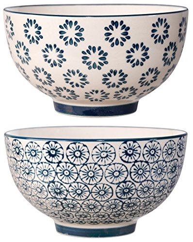 Bloomingville Retro Müsli-Schalen Kristina Vintage Servier-Schüsseln für Salat, Eis, Obst Ø 13,5 cm, blau, Keramik, 2er Set, fasst ca. 450 ml von Bloomingville