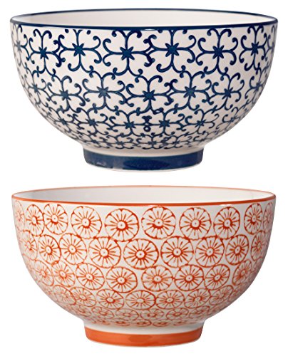 Bloomingville Müsli-Schalen Kristina Retro Dessertschalen Schüssel Vintage Ø 11,5 cm, blau rot orange, Keramik, 2er Set, fasst ca. 280 ml von Bloomingville