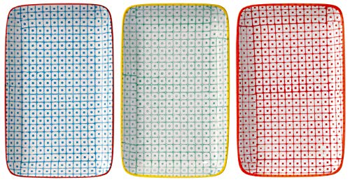 Bloomingville Servierplatten Carla Retro kleine Servier-Teller eckig Vintage rechteckige L 19 x W 12 cm, rot blau grün, Keramik, 3er Set von Bloomingville