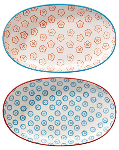 Bloomingville Servierplatten Emma Retro kleine Servier-Teller oval Vintage L 21,5 x W 13 cm, orange blau, Keramik, 2er Set von Bloomingville