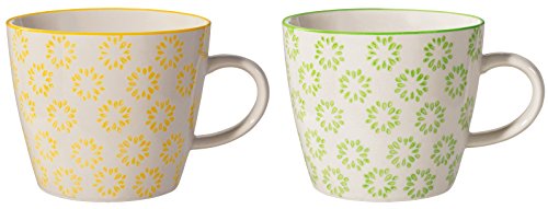 Bloomingville Tassen mit Henkel Isabella Retro Kaffeetasse Teetasse Vintage dickwandige ø 9,5 x H 8 cm, gelb grün, Keramik, 2er Set, fasst ca. 280 ml von Bloomingville