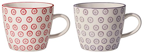 Bloomingville Tassen mit Henkel Isabella Retro Kaffeetasse Teetasse Vintage dickwandige ø 9,5 x H 8 cm, rot Lavendel, Keramik, 2er Set, fasst ca. 280 ml von Bloomingville