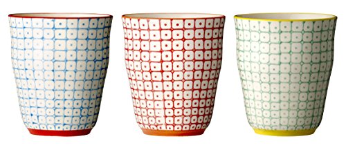 Bloomingville Latte Macchiato Becher ohne Henkel Carla Retro Tee-Tasse Kaffee-Becher Vintage Set Ø 8,5 x H 9,5 cm, blau rot grün, Keramik, 3er Set, fasst ca. 300 ml von Bloomingville