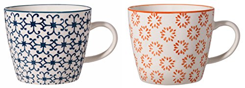 Bloomingville Tassen mit Henkel Kristina Retro Kaffeetasse Teetasse Vintage dickwandige ø 9,5 x H 8 cm, blau rot orange, Keramik, 2er Set, fasst ca. 280 ml von Bloomingville