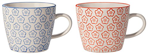 Bloomingville Tassen mit Henkel Isabella Retro Kaffeetasse Teetasse Vintage dickwandige ø 9,5 x H 8 cm, blau rot, Keramik, 2er Set, fasst ca. 280 ml von Bloomingville