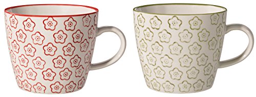 Bloomingville Tassen mit Henkel Isabella Retro Kaffeetasse Teetasse Vintage dickwandige ø 9,5 x H 8 cm, rot grün, Keramik, 2er Set, fasst ca. 280 ml von Bloomingville