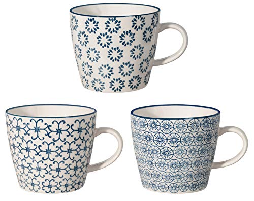 Bloomingville Tassen mit Henkel Kristina Retro Kaffeetasse Teetasse Vintage dickwandige ø 9,5 x H 8 cm, blau, Keramik, 3er Set, fasst ca. 280 ml von Bloomingville