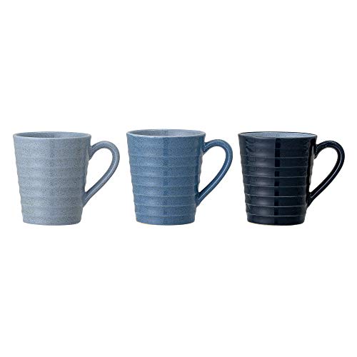 Bloomingville Tassen mit Henkel Reeza Retro Kaffeetasse Teetasse Vintage dickwandige Ø 8,5 x H 9,5 cm, blau, Keramik, 3er Set von Bloomingville