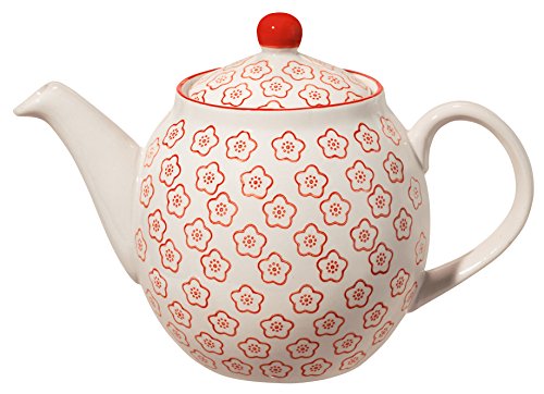 Bloomingville Teekanne Isabella Retro große Kanne mit integriertem Sieb vor der Tülle Vintage ø 14 cm, rot, Keramik, fasst ca. 1200 ml von Bloomingville