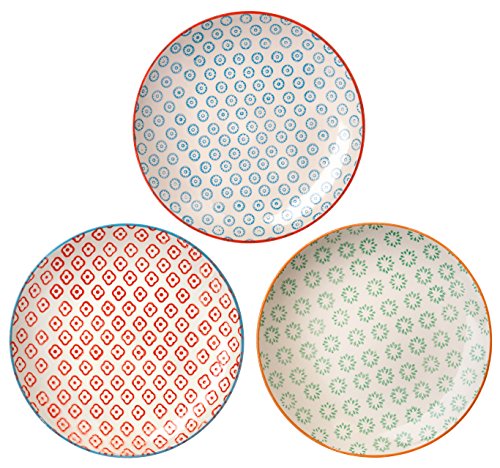 Bloomingville Teller Emma Retro Dessertteller Frühstücksteller Vintage Kuchenteller rund ø 20 cm, blau rot grün, Keramik, 3er Set von Bloomingville