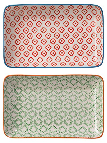 Bloomingville Servierplatten Emma Retro kleine Servier-Teller eckig Vintage rechteckige L 19 x W 12 cm, rot grün, Keramik, 2er Set von Bloomingville