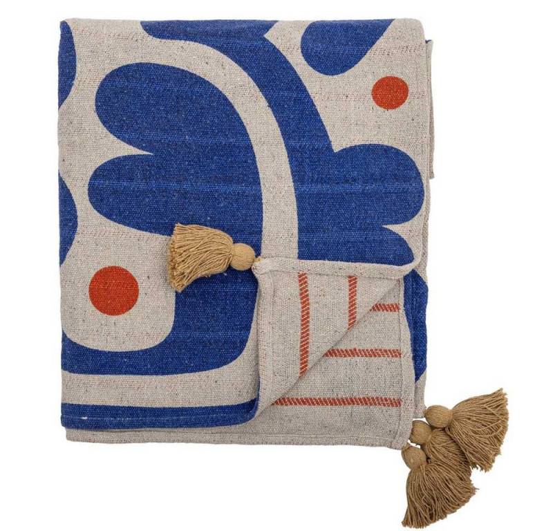 Wolldecke Bloomingville Decke EVIAYA Blau Creme Gemustert mit Quasten 160x130 cm, Bloomingville von Bloomingville